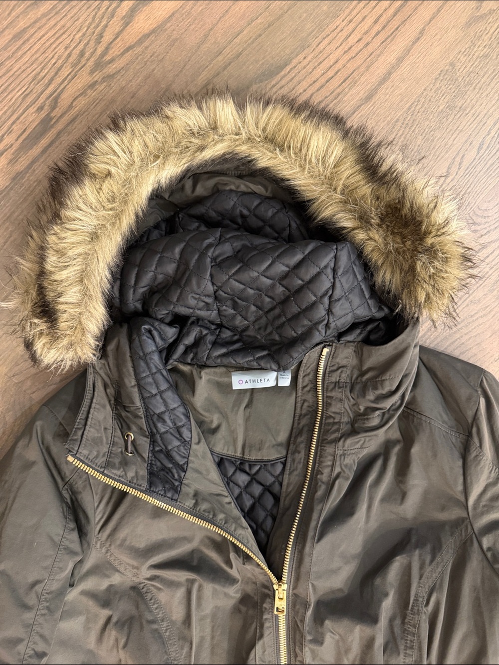 Athleta Quilted Hooded Parka with Faux-Fur Trim in Olive